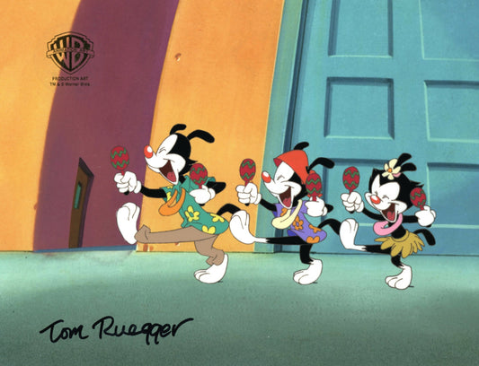 Animaniacs Original Production Cel with Matching Drawing Signed by Tom Ruegger: Wakko, Yakko, and Dot