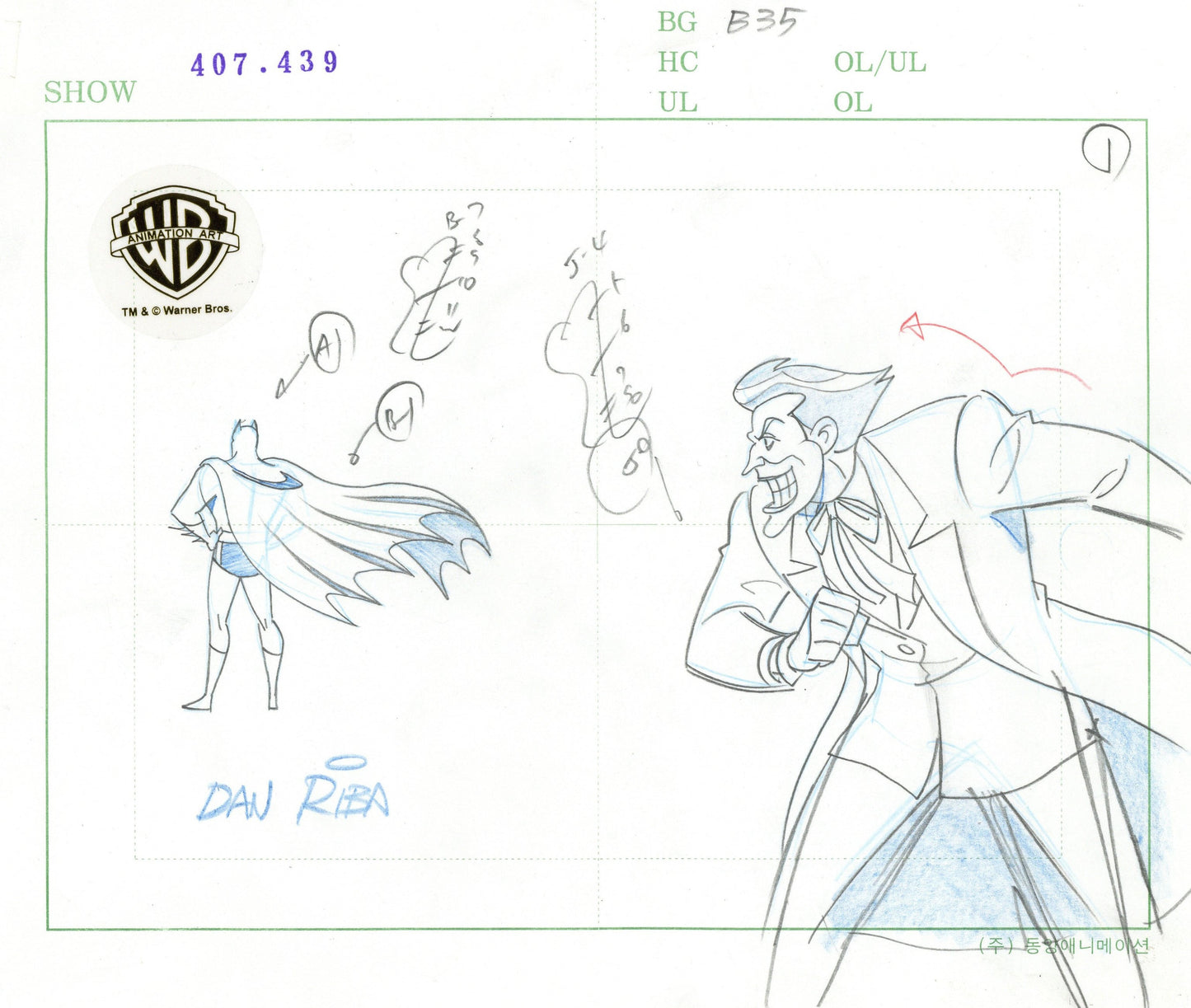 The New Batman Adventures Original Production Drawing Signed by Dan Riba: Batman, Joker