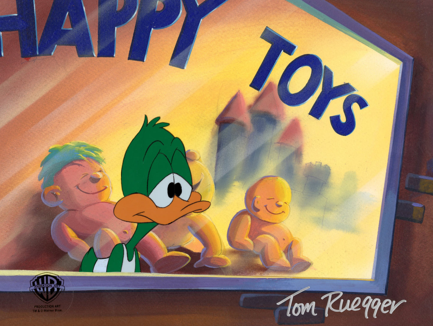 Tiny Toons Original Production Cel on Original Background Signed by Tom Ruegger: Plucky Duck