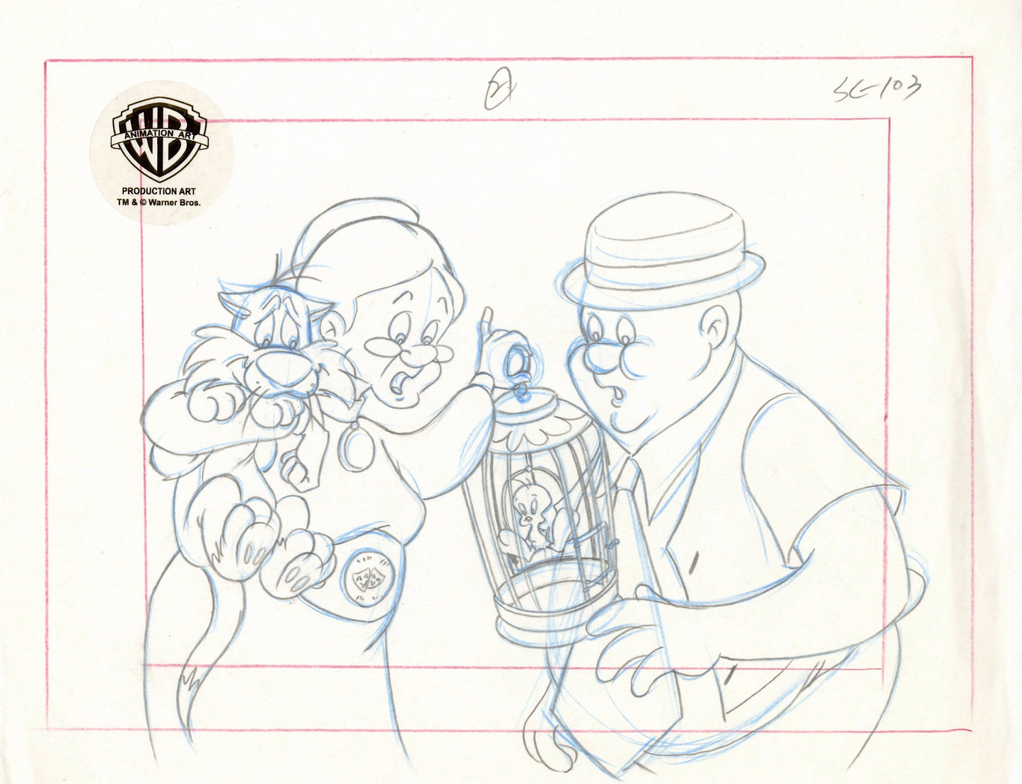 Sylvester and Tweety Mysteries Original Production Drawing: Sylvester, Tweety, Granny
