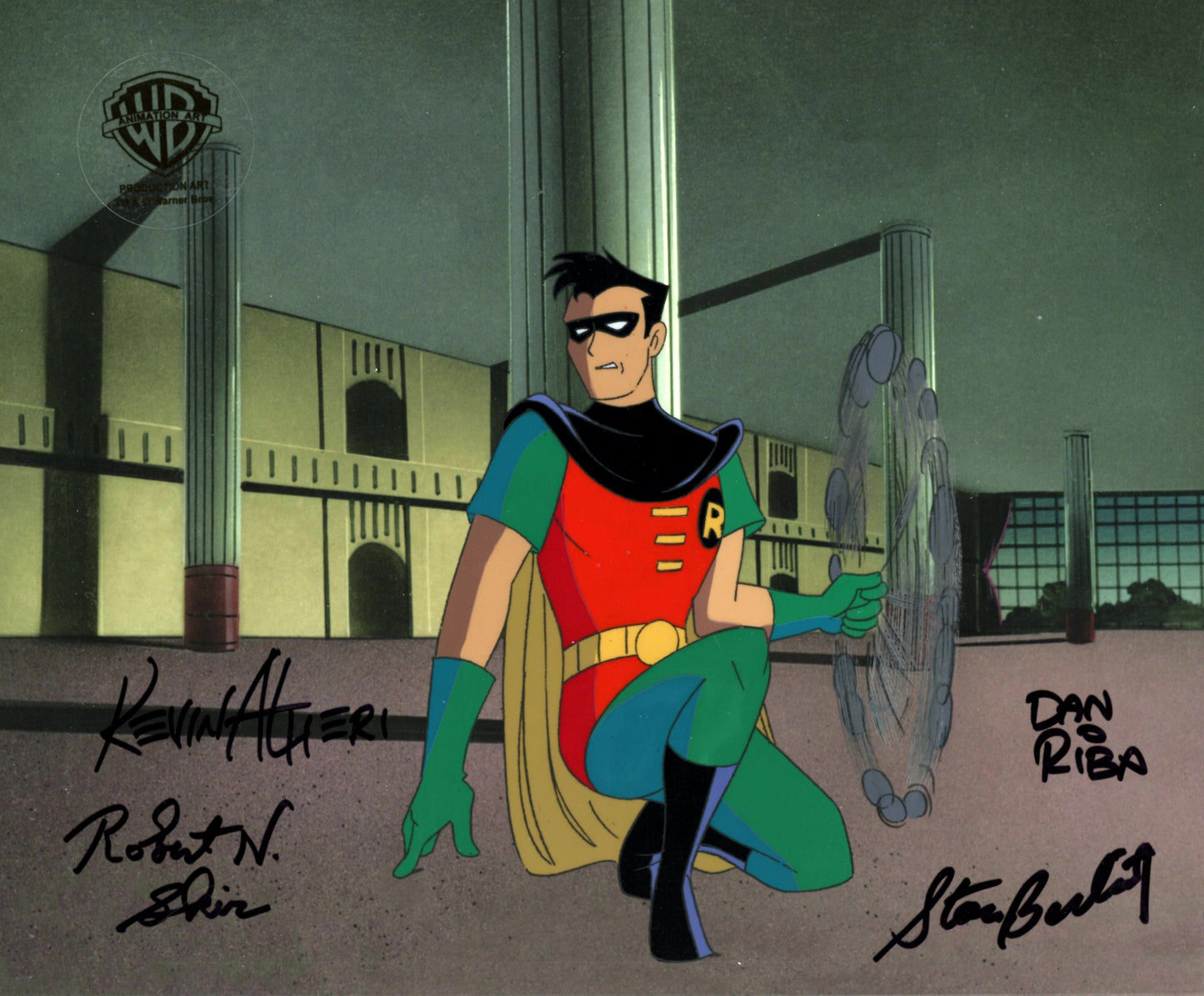 Batman The Animated Series Original Production Cel Signed by Kevin Altieri, Dan Riba, Stan Berkowitz, Robert Skir: Robin