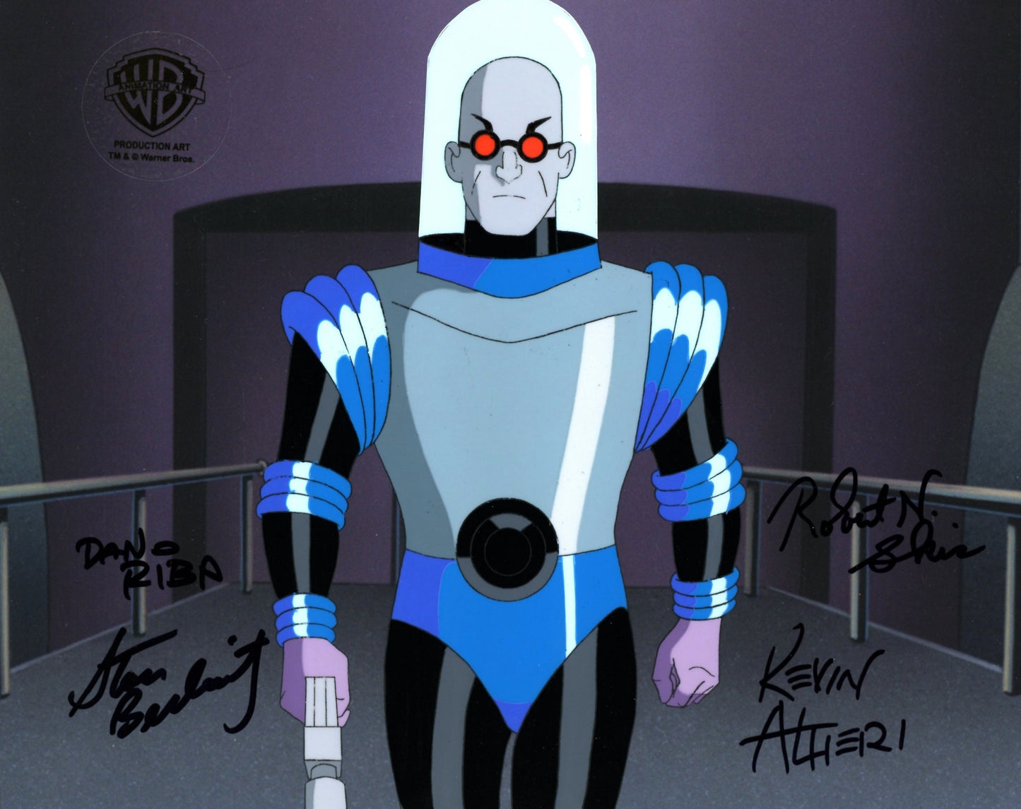 Batman The Animated Series Original Production Cel Signed by Kevin Altieri, Dan Riba, Stan Berkowitz, Robert Skir: Mr. Freeze