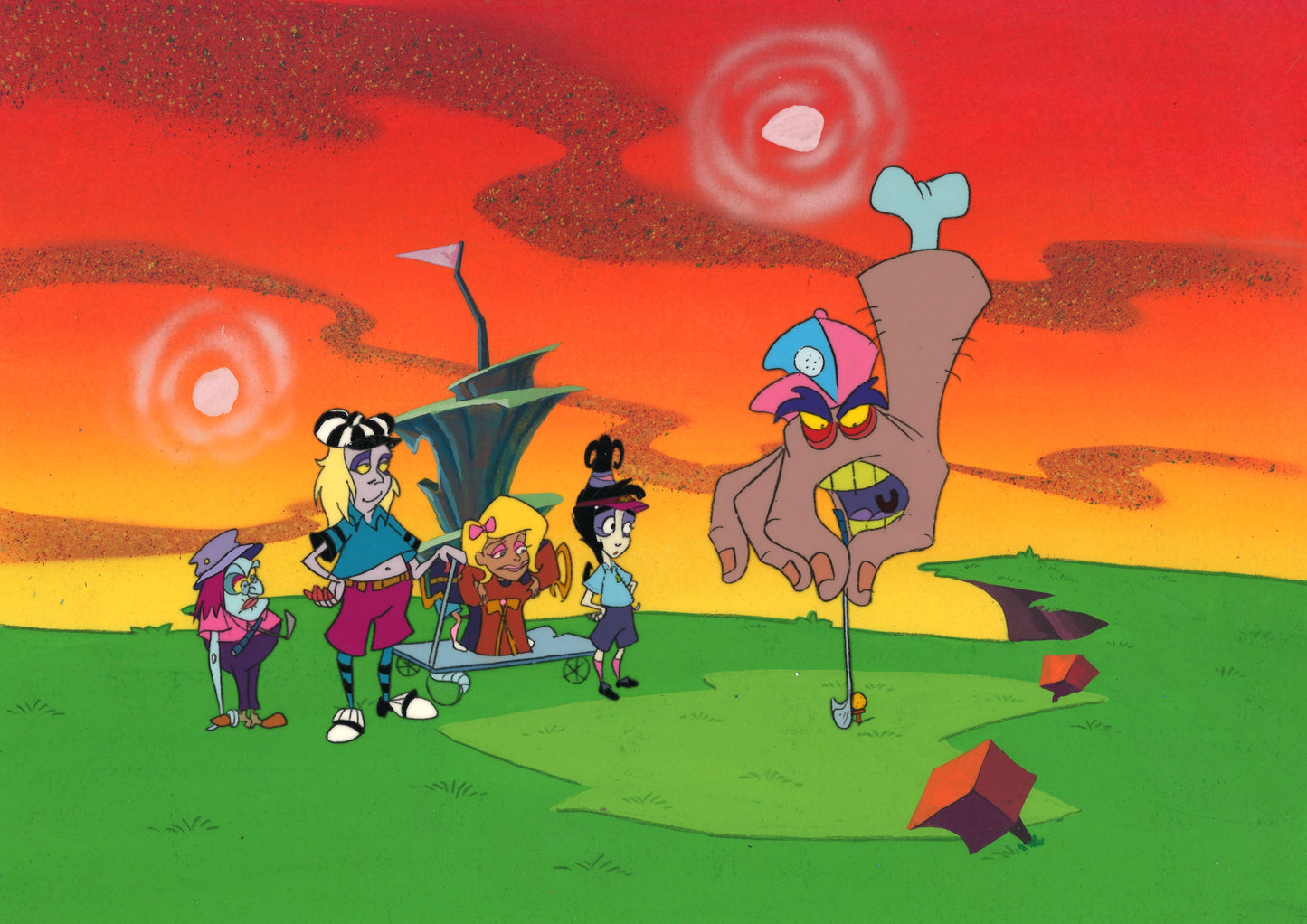 Beetlejuice The Animated Series Original Production Cel on Original Background: Lydia Deetz, Beetlejuice, and Claire