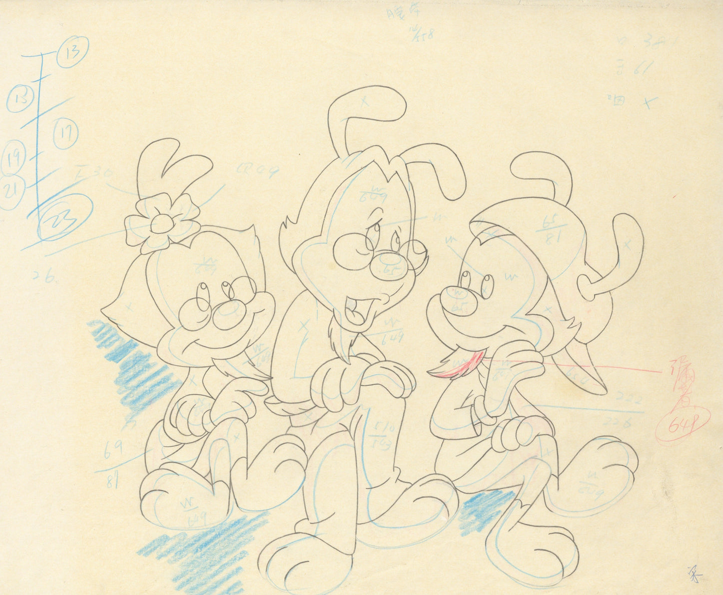 Animaniacs Original Production Drawing: Yakko, Wakko, and Dot