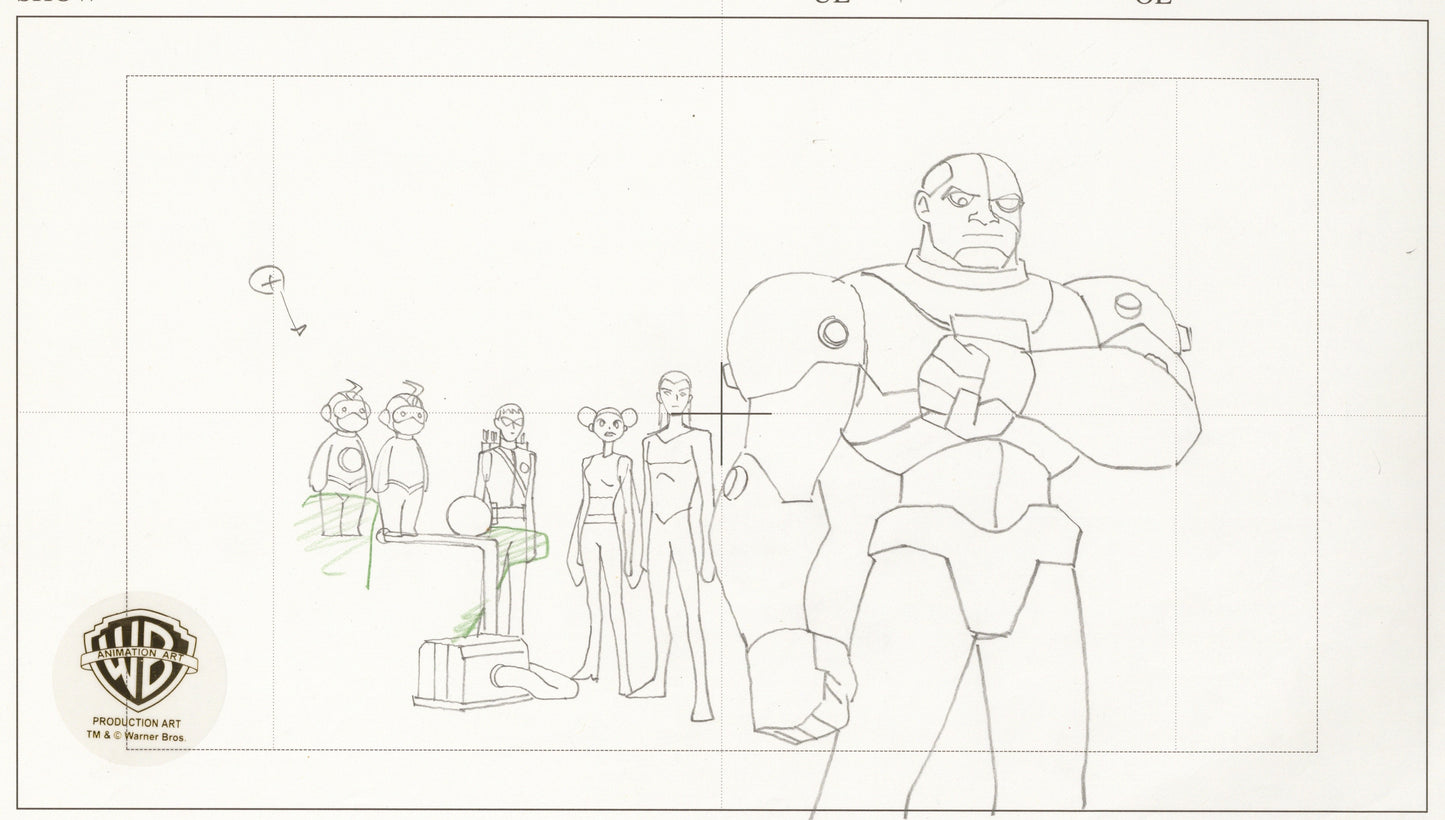 Teen Titans Original Production Drawing: Cyborg, Bumblebee, Speedy, Aqualad, and Mas y Menos