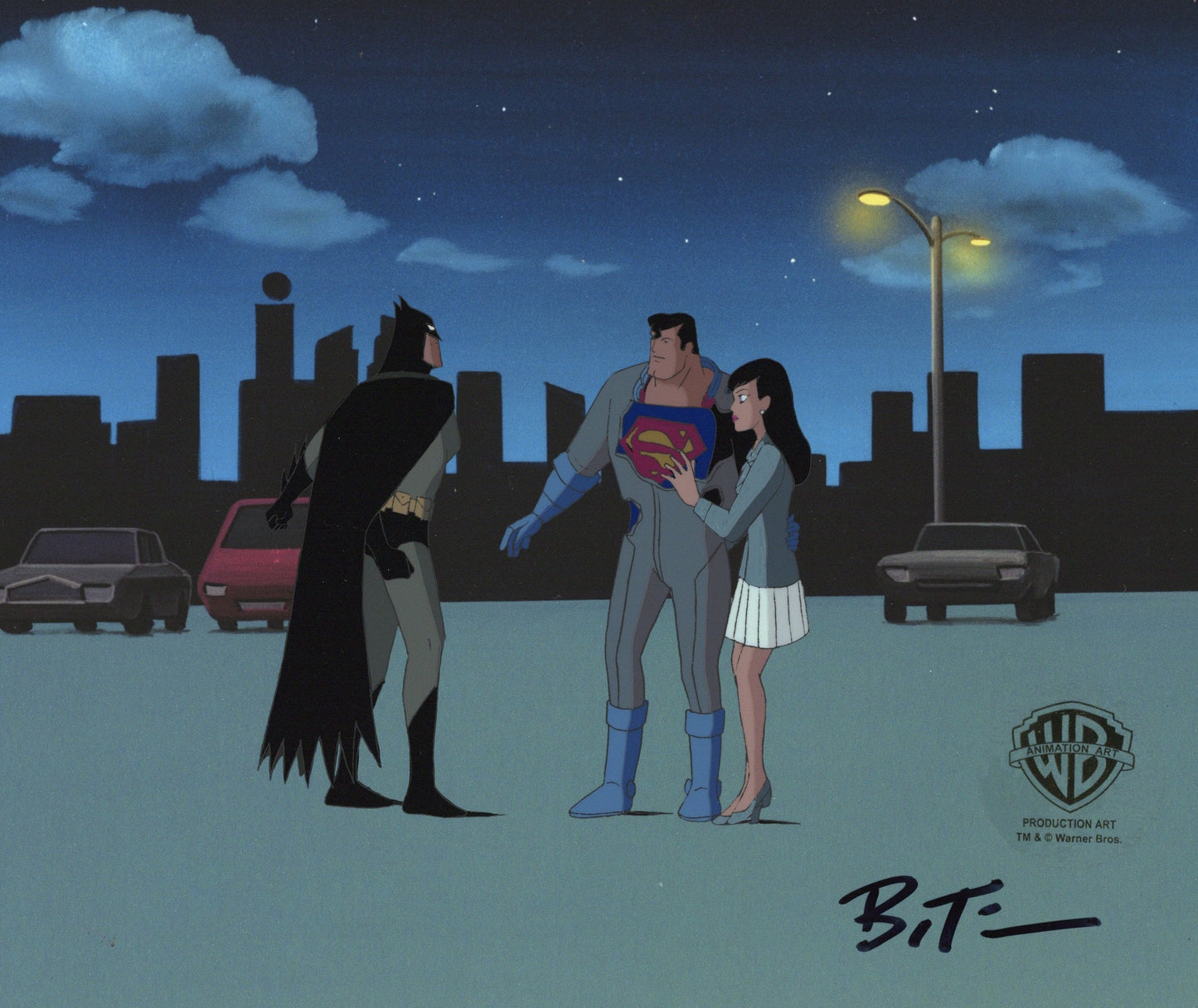 Superman The Animated Series Original Production Cel signed by Bruce Timm: Batman, Superman, Lois Lane