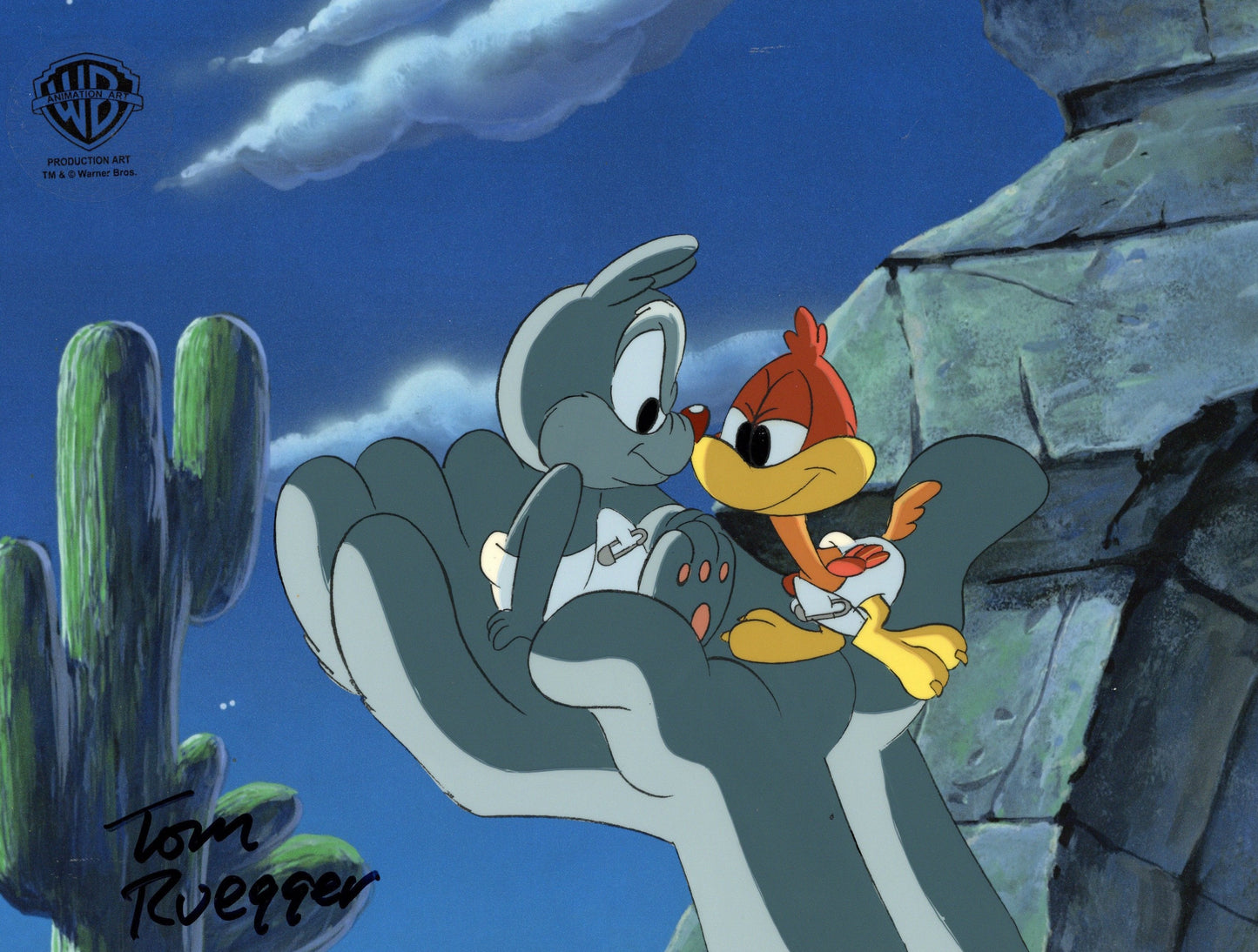 Tiny Toon Adventures Original Production Cel Signed by Tom Ruegger: Calamity Coyote and Little Beeper