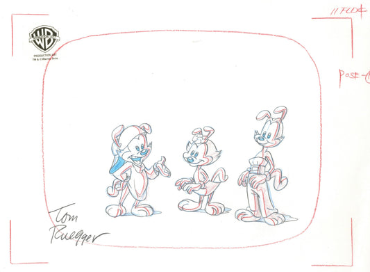 Animaniacs Original Production Layout Drawing Signed by Tom Ruegger: Wakko, Yakko, Dot