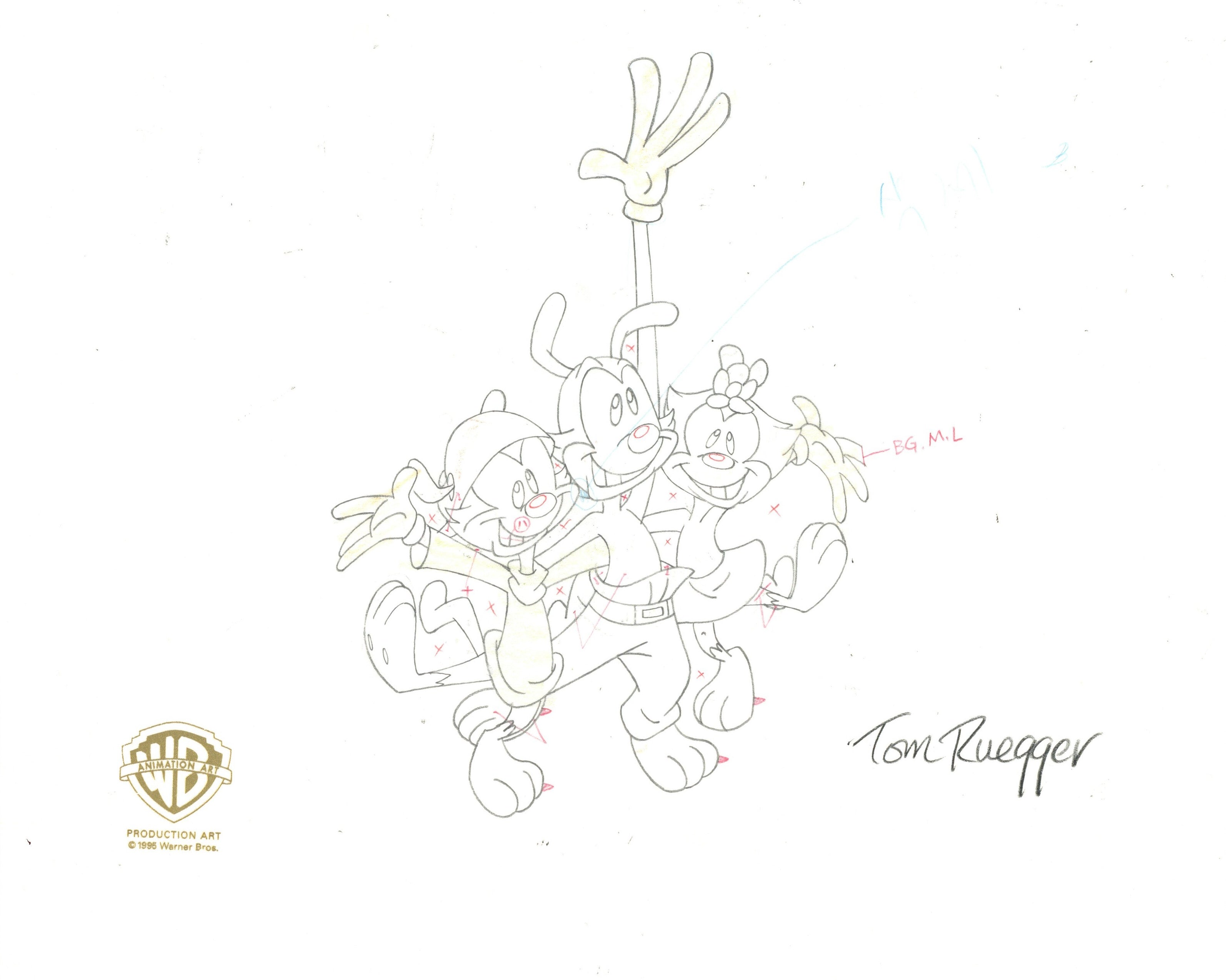 Tom Ruegger Productions Animaniacs Original Production Drawing Signed by Tom Ruegger: Yakko, W ...