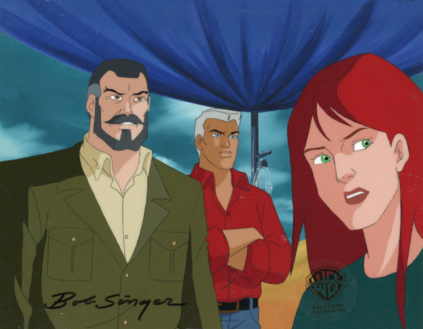 The Real Adventures of Jonny Quest Original Production Cel with Original Background Signed by Bob Singer: Dr. Benton Quest, Race Bannon, Jessie Bannon