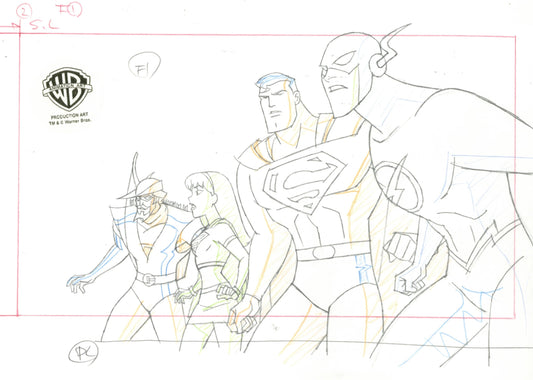 Justice League Unlimited Original Production Drawing: Green Arrow, Supergirl, Superman, The Flash