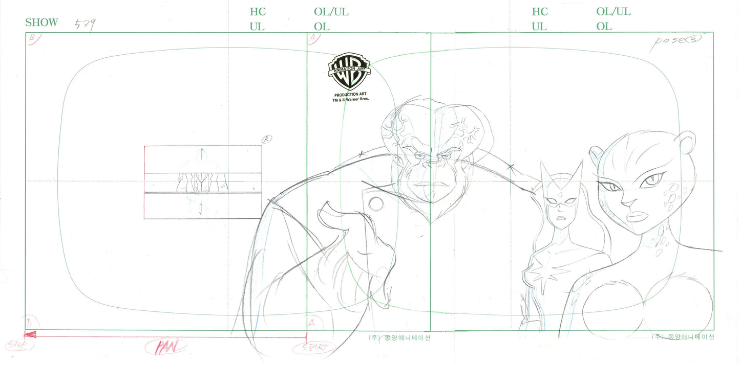 Justice League Original Production Drawing (Pan Layout): Ultra-Humanite, Star Sapphire, Cheetah