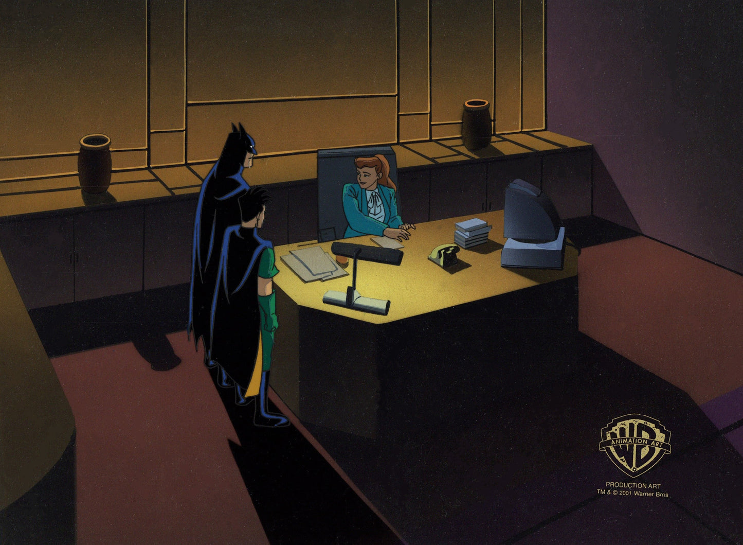 Batman The Animated Series Original Production Cel On Original Background: Batman, Robin, Summer Gleeson