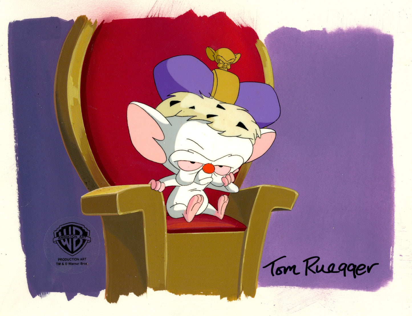 Pinky And The Brain Original Production Cel on Original Background with Matching Drawing Signed by Tom Ruegger: Brain