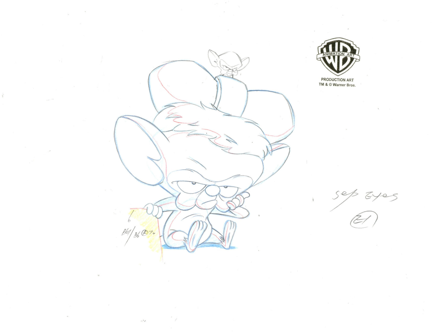 Pinky And The Brain Original Production Cel on Original Background with Matching Drawing Signed by Tom Ruegger: Brain