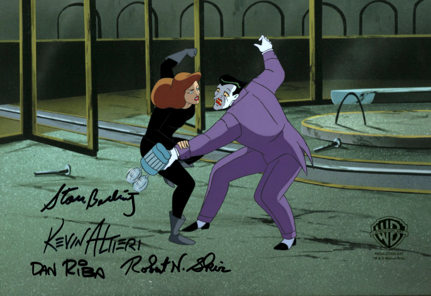 Batman Mask of the Phantasm Original Production Cel with Matching Drawing Signed by Kevin Altieri, Dan Riba, Stan Berkowitz, Robert Skir: Joker, Andrea