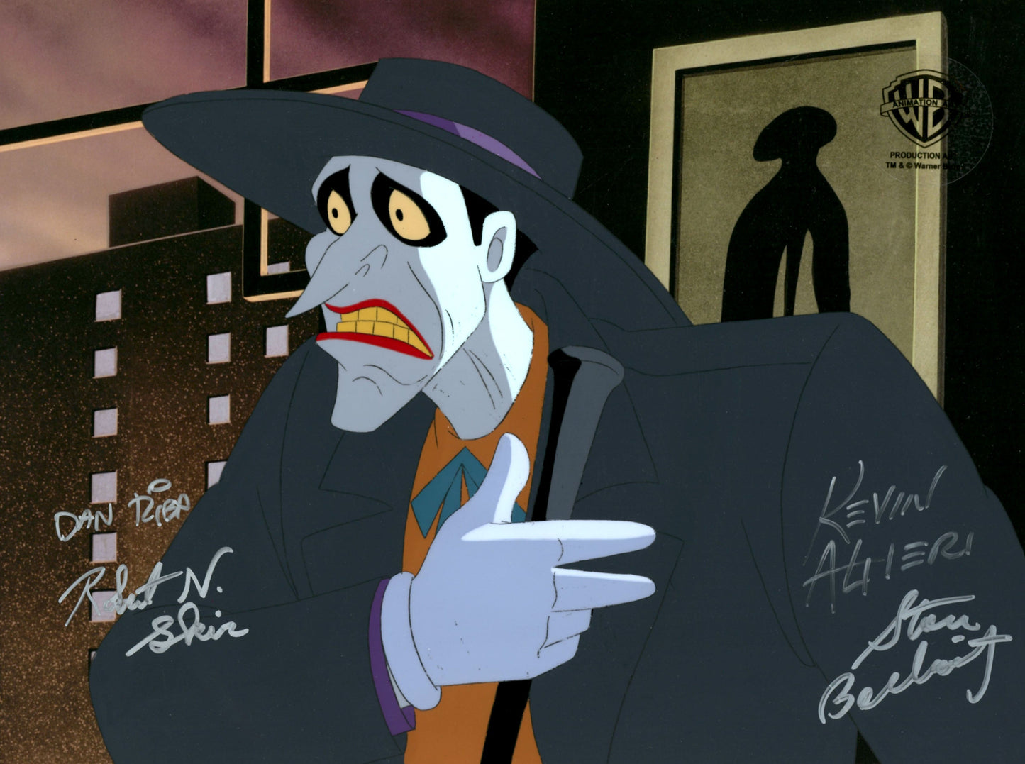 Batman Mask of the Phantasm Original Production Cel with Matching Drawing Signed by Kevin Altieri, Dan Riba, Stan Berkowitz, Robert Skir: Joker