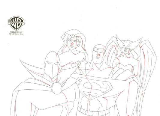 Justice League Unlimited Original Production Drawing: Fate, Wonder Woman, Superman, and Hawkgirl