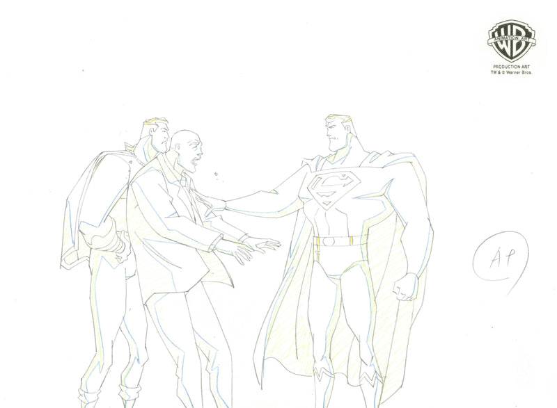 Justice League Unlimited Original Production Drawing: Captain Marvel, Lex Luthor, and Superman