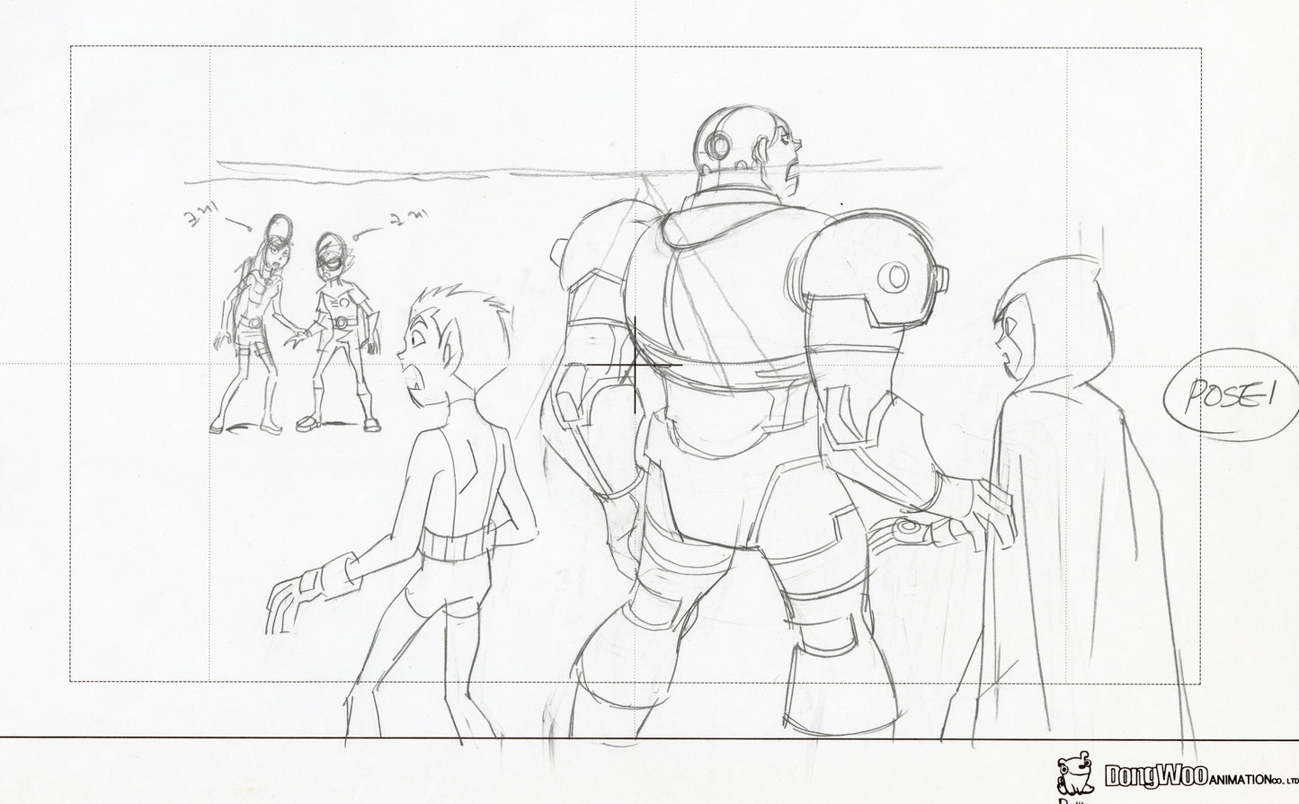 Teen Titans Original Production Drawing: Starfire, Beast Boy, Cyborg, Raven, and Robin