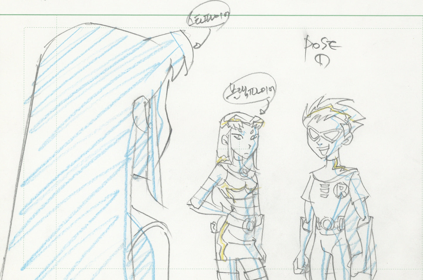 Teen Titans Original Production Drawing: Starfire, Blackfire, and Robin