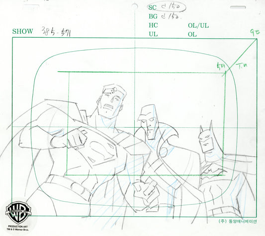 Justice League Original Production Drawing: Batman, Martian Manhunter, and Superman
