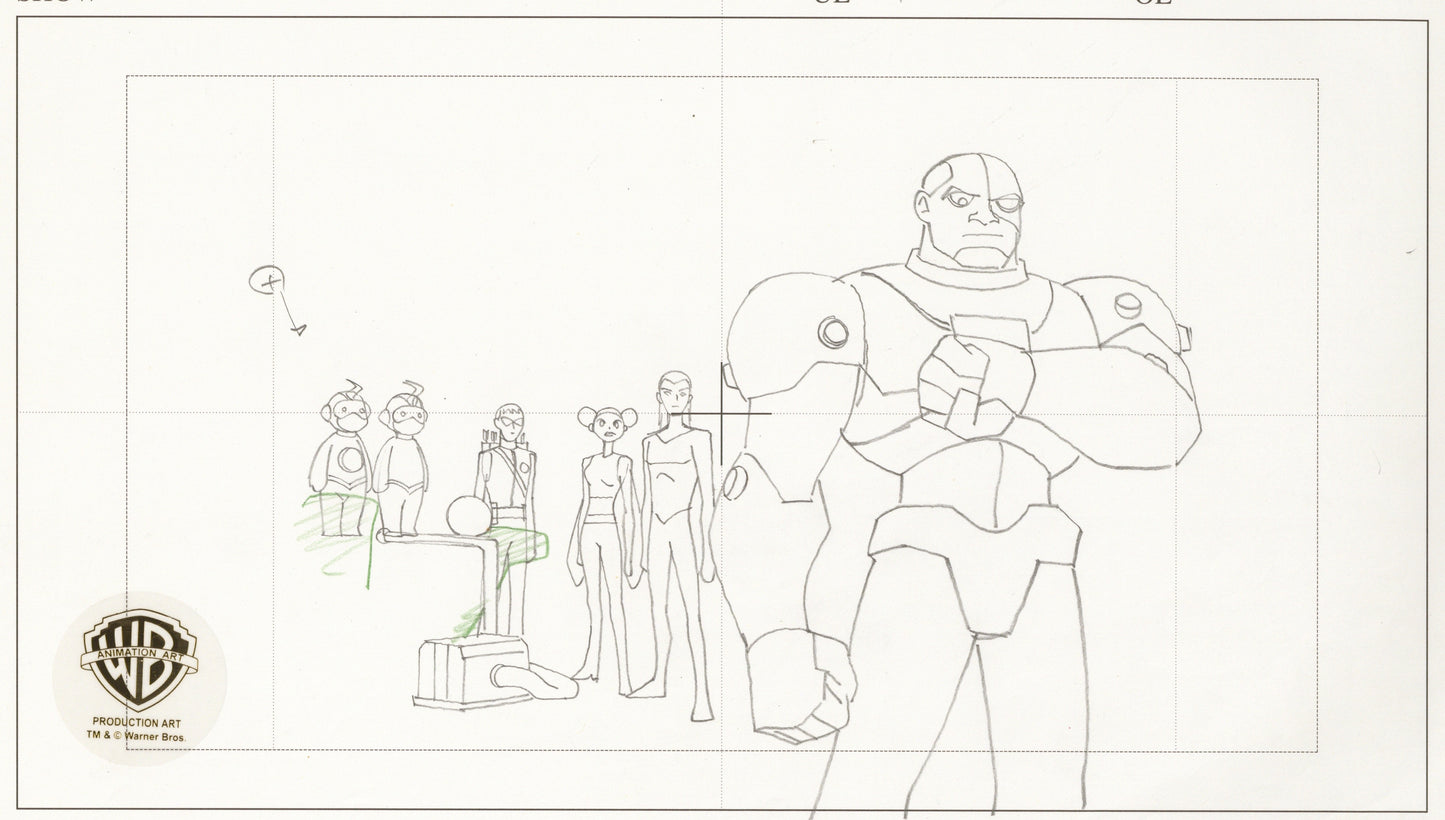 Teen Titans Original Production Drawing:  Cyborg, Bumblebee, Speedy, Aqualad, and Mas y Menos