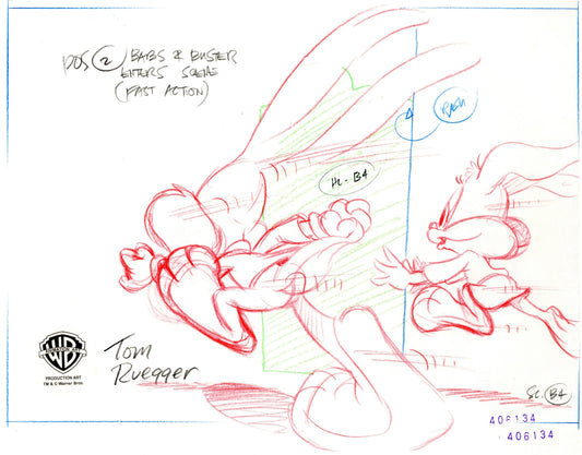 Tiny Toons Original Production Drawing Layout Signed by Tom Ruegger: Buster and Babs